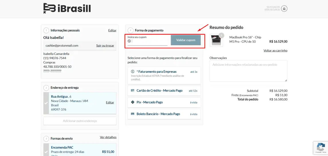 Onde inserir cupom de desconto IBrasill