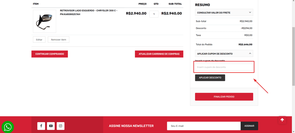 Onde inserir cupom de desconto Sterdi Custom