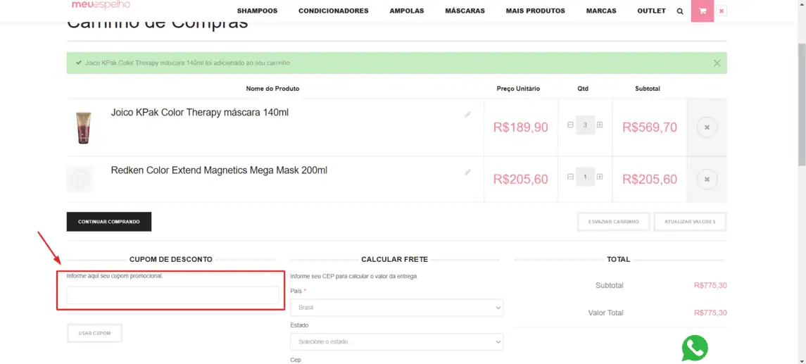 Onde inserir cupom de desconto Meu Espelho