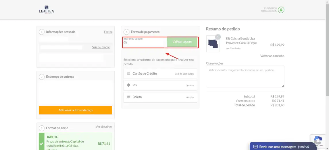 Onde inserir cupom de desconto Lojas Lealtex