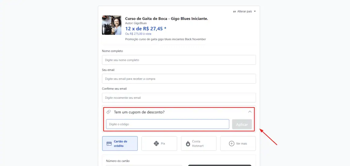 Onde inserir cupom de desconto Gigo Blues