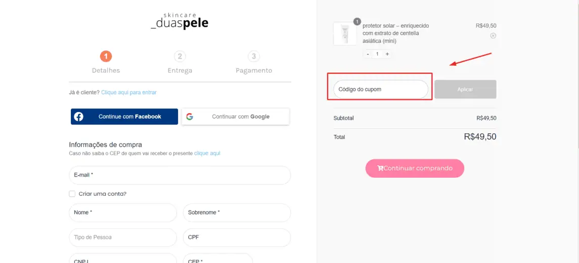 Onde inserir cupom de desconto Duaspele