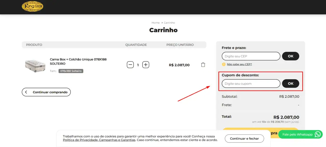 Onde inserir cupom de desconto King Star Colchões