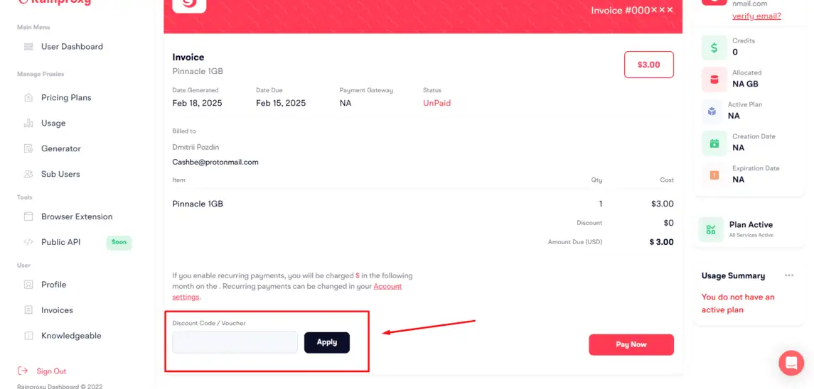Onde inserir cupom de desconto Rainproxy
