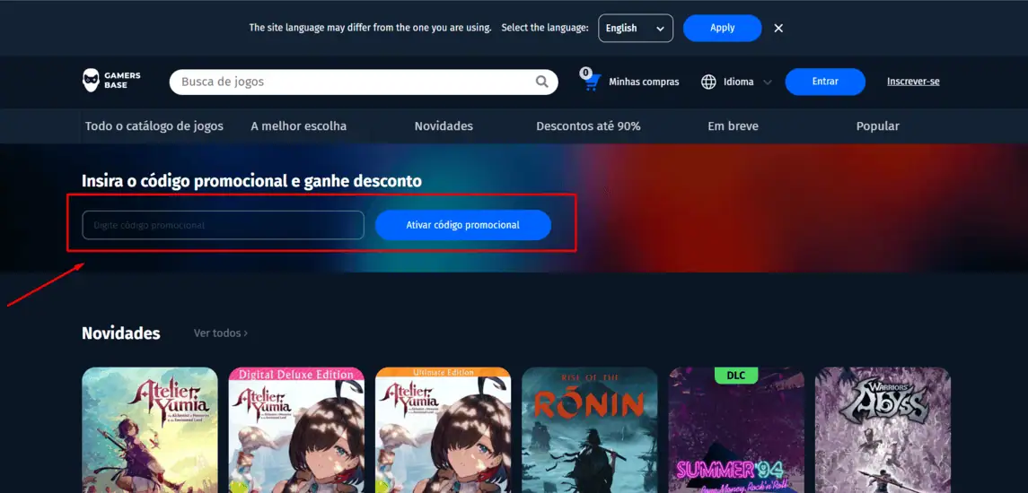 Onde inserir cupom de desconto GamersBase
