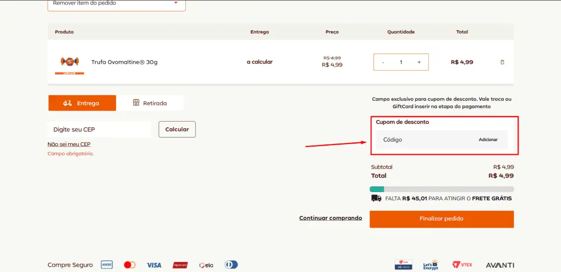 Onde inserir cupom de desconto BRASIL CACAU