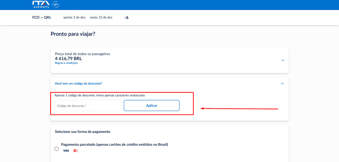 Onde inserir cupom de desconto Ita Airways