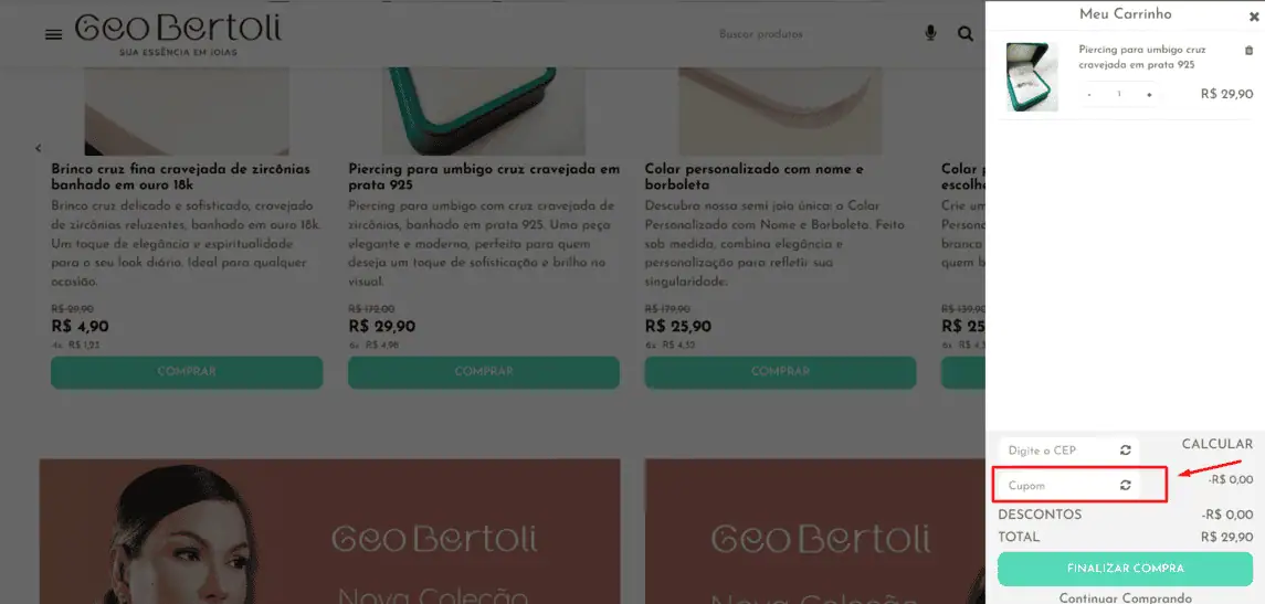 Onde inserir cupom de desconto Geo Bertoli