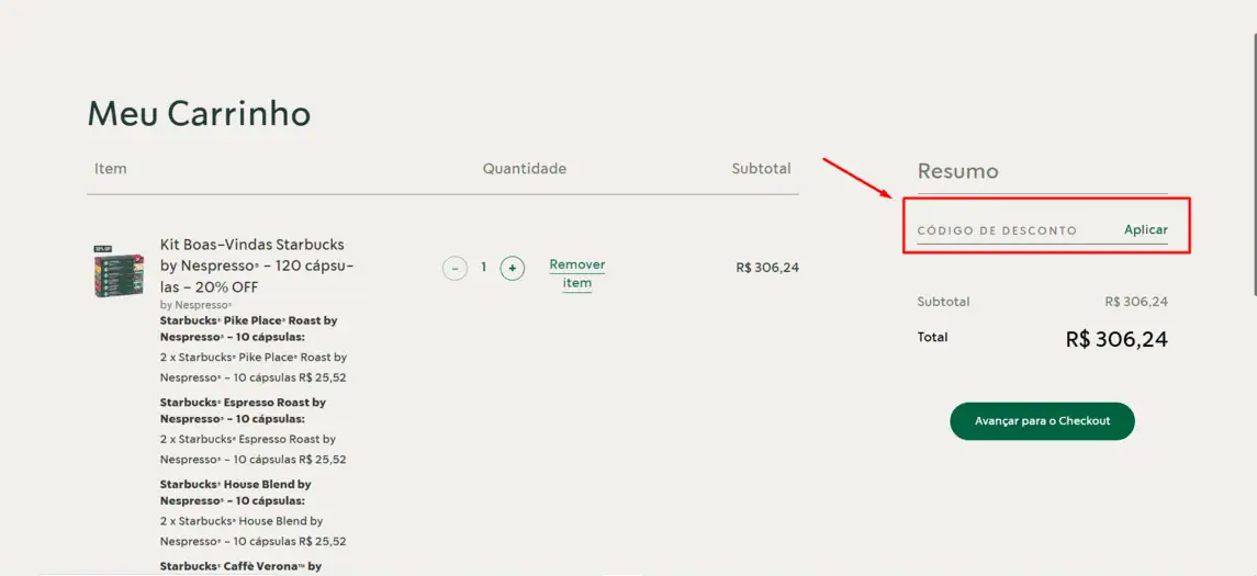 Onde inserir cupom de desconto Starbucks