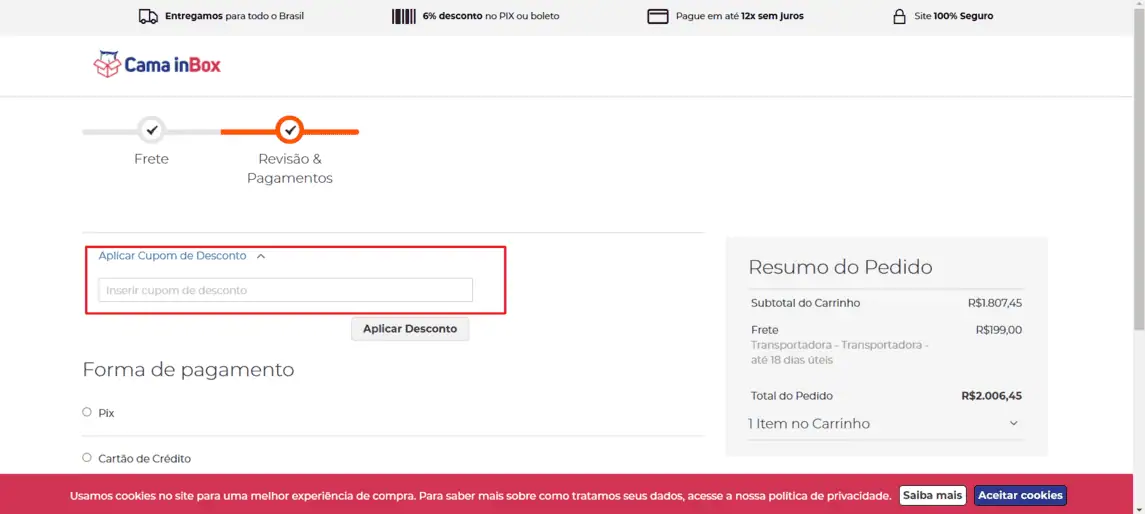 Onde inserir cupom de desconto Cama In Box