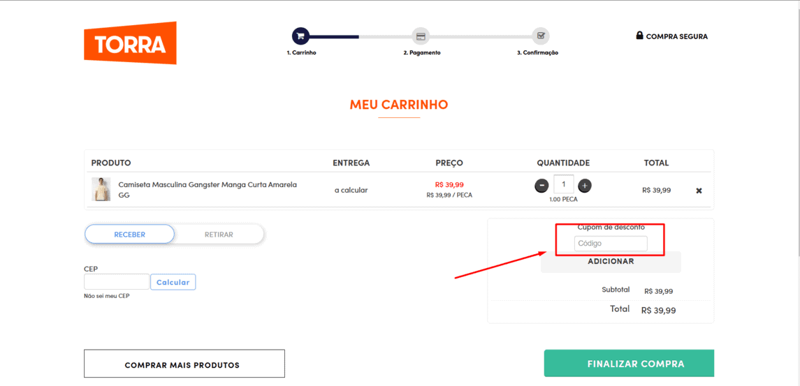 Onde inserir cupom de desconto Lojas Torra