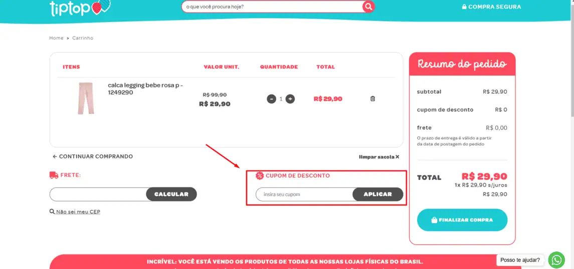 Onde inserir cupom de desconto Tip Top
