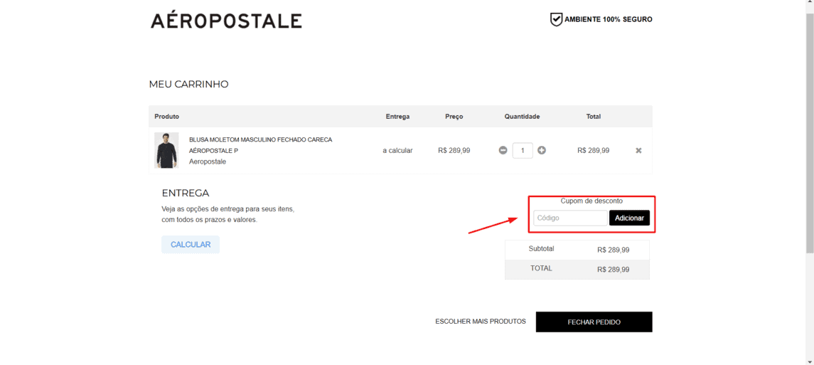Onde inserir cupom de desconto Aéropostale
