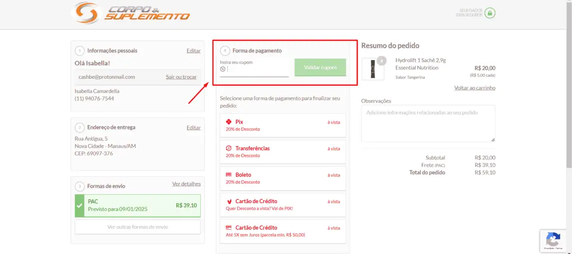 Onde inserir cupom de desconto Corpo & Suplemento
