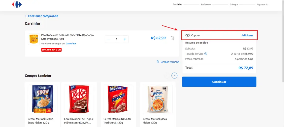 Onde inserir cupom de desconto Carrefour Mercado