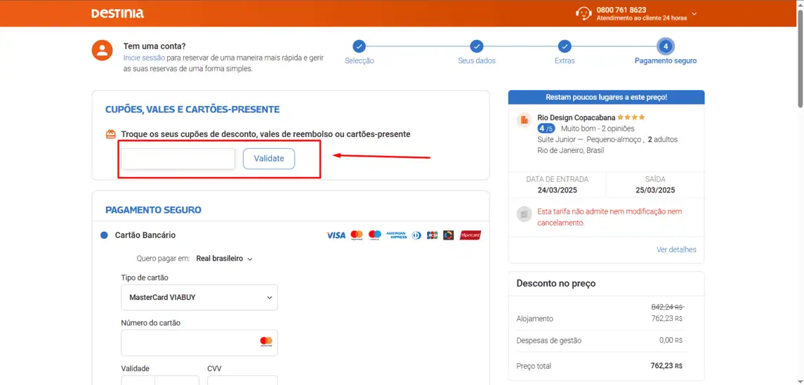 Onde inserir cupom de desconto Destinia