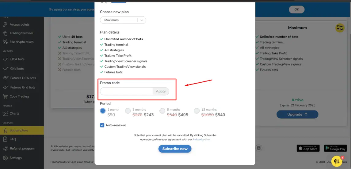 Onde inserir cupom de desconto TradeSanta