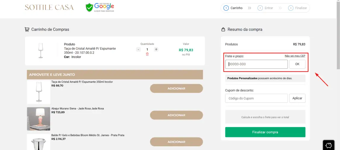 Onde inserir cupom de desconto Sottile Casa