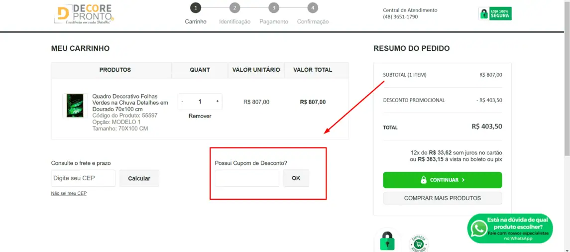 Onde inserir cupom de desconto Decore Pronto