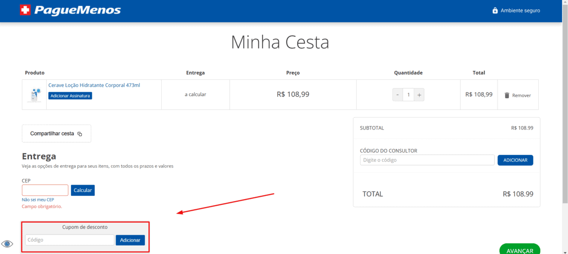 Onde inserir cupom de desconto Pague Menos