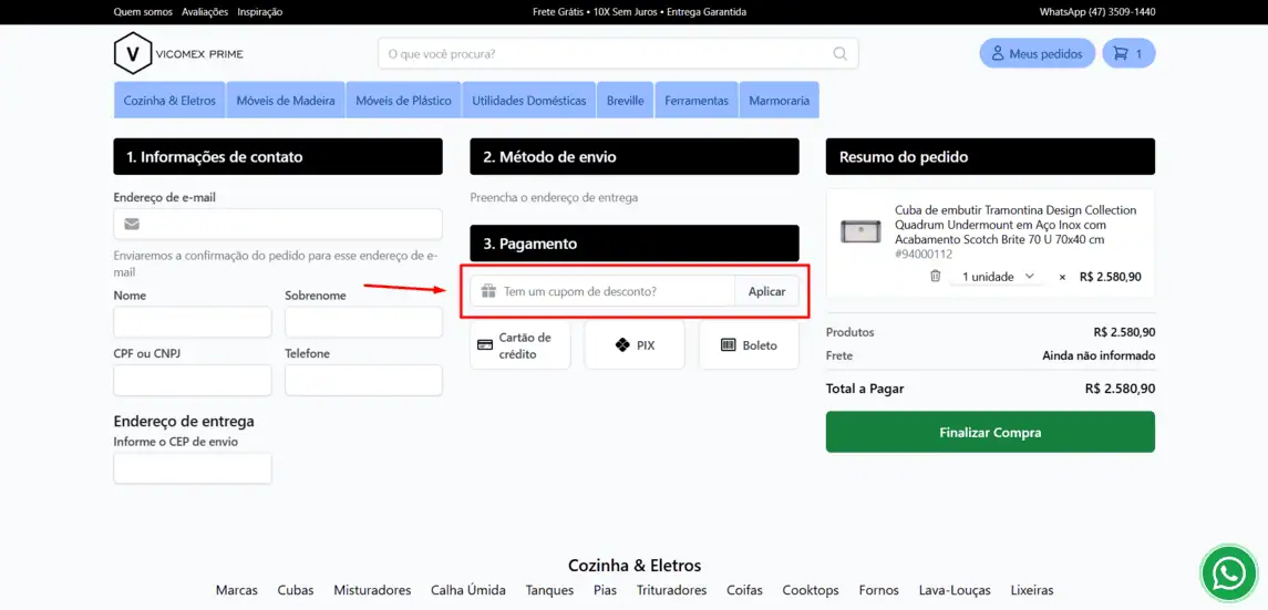 Onde inserir cupom de desconto Vicomex Prime