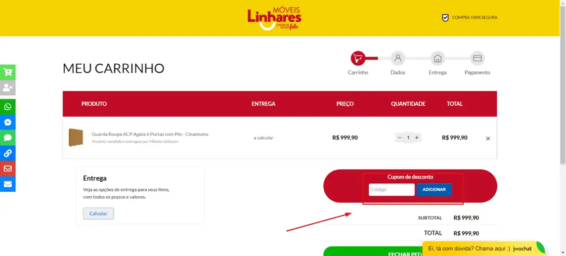 Onde inserir cupom de desconto Moveis Linhares
