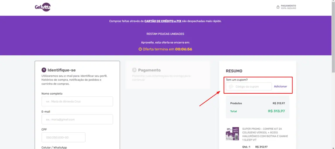 Onde inserir cupom de desconto Gelvitta