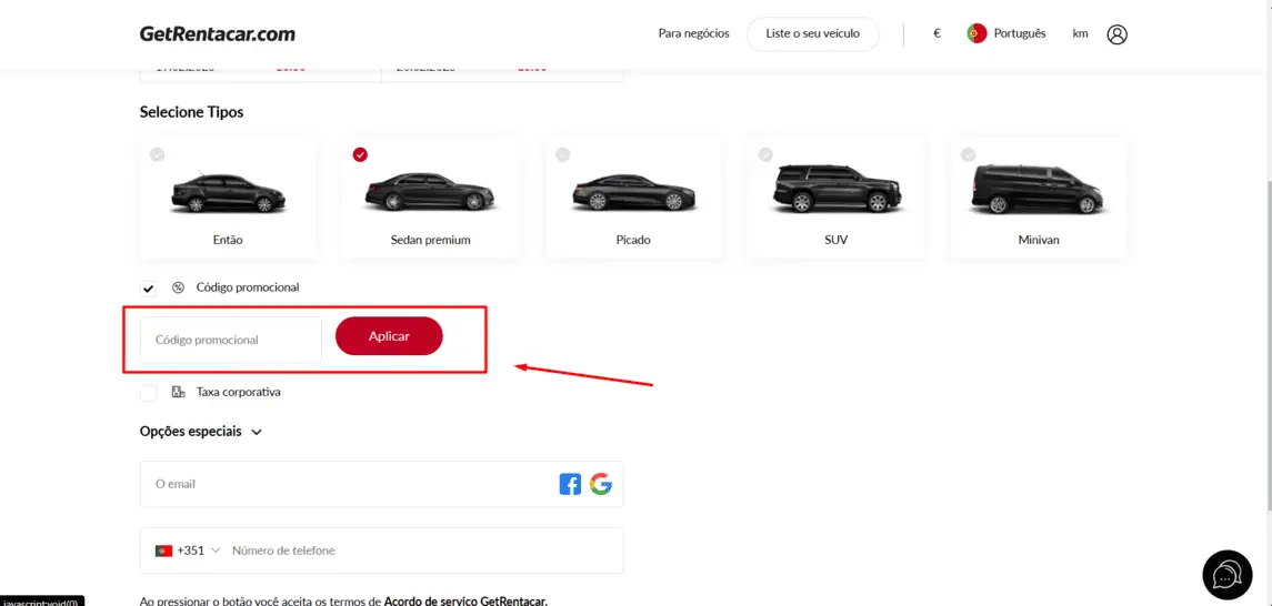Onde inserir cupom de desconto Getrentacar