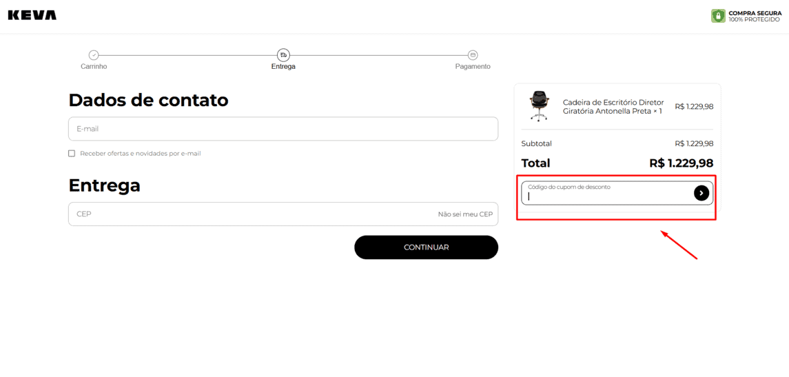 Onde inserir cupom de desconto Keva