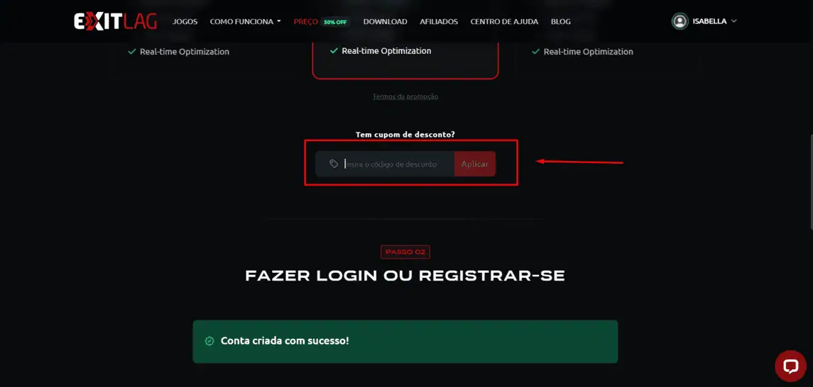 Onde inserir cupom de desconto Exitlag