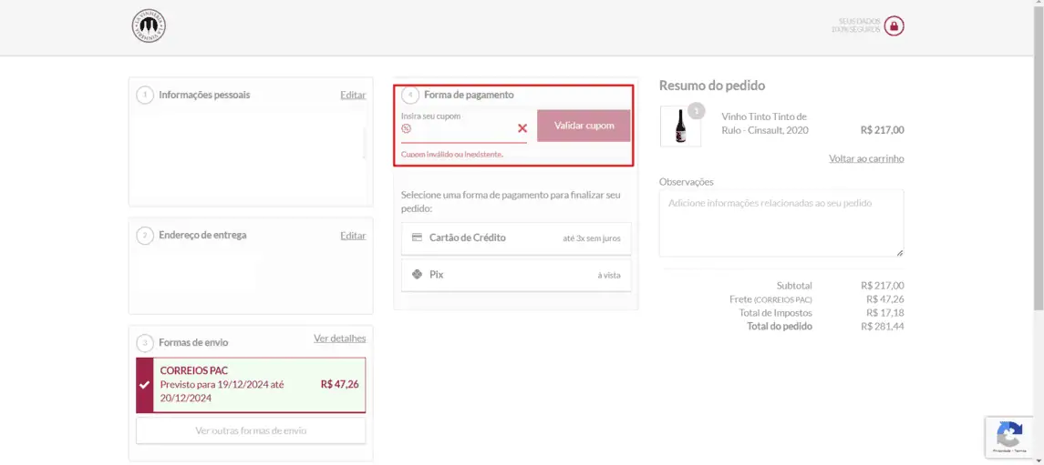 Onde inserir cupom de desconto La Vinheria