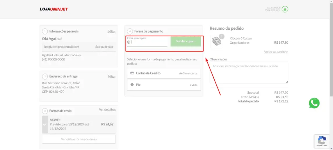 Onde inserir cupom de desconto Loja Uninjet