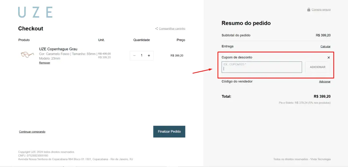Onde inserir cupom de desconto Uze Óculos