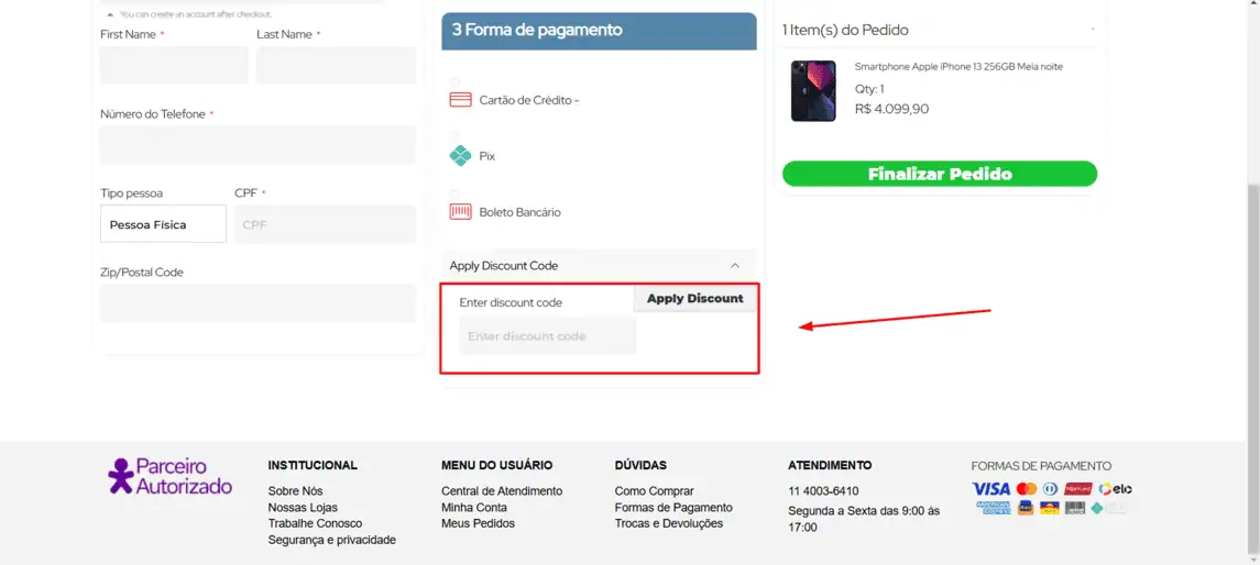 Onde inserir cupom de desconto CommShop
