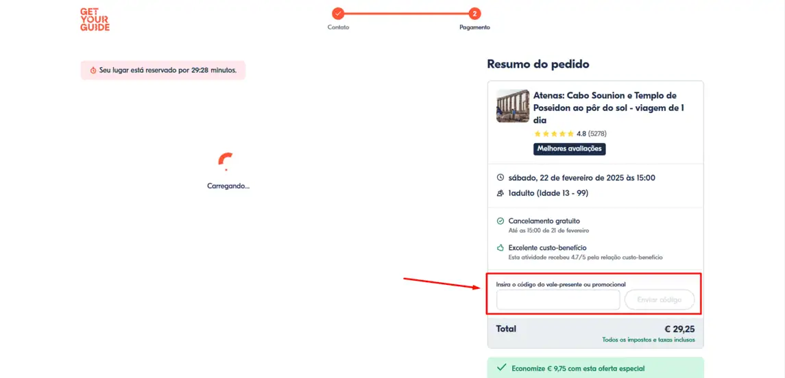 Onde inserir cupom de desconto Get Your Guide