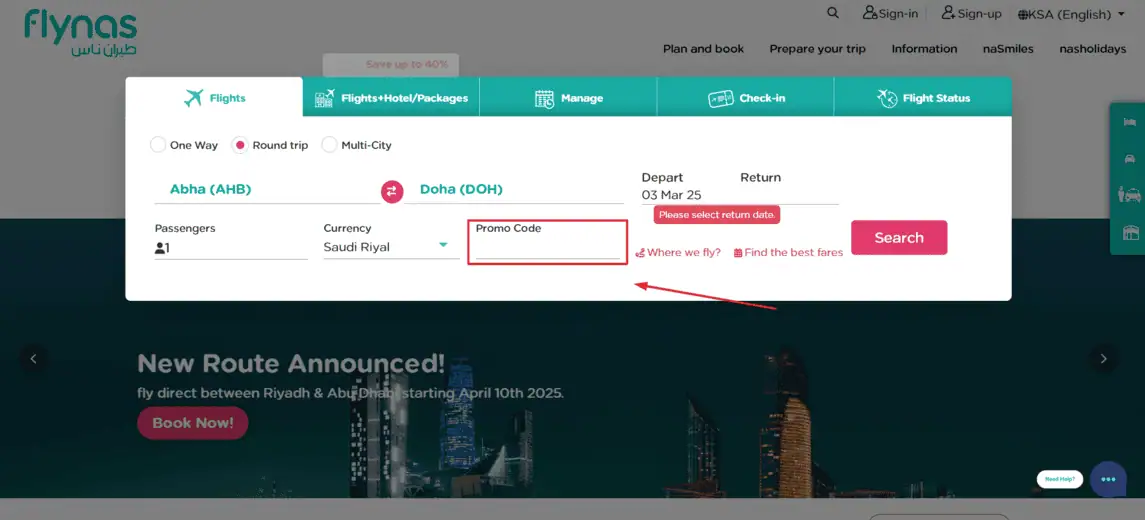 Onde inserir cupom de desconto Flynas