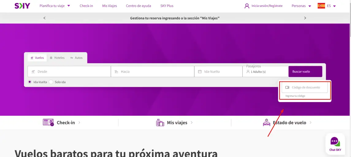Onde inserir cupom de desconto Sky Airline