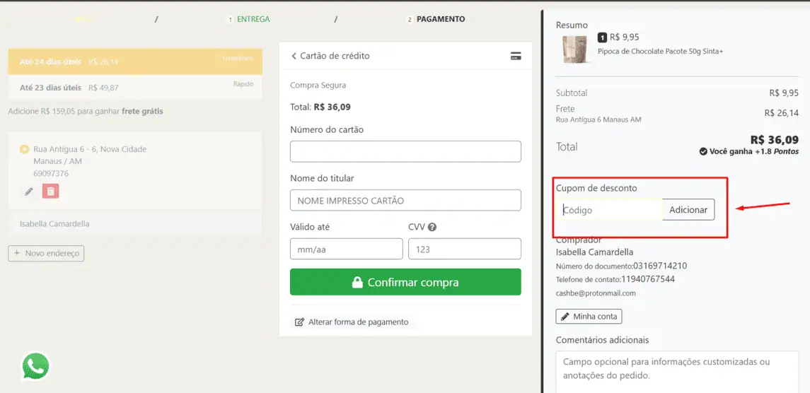 Onde inserir cupom de desconto Tia Sônia