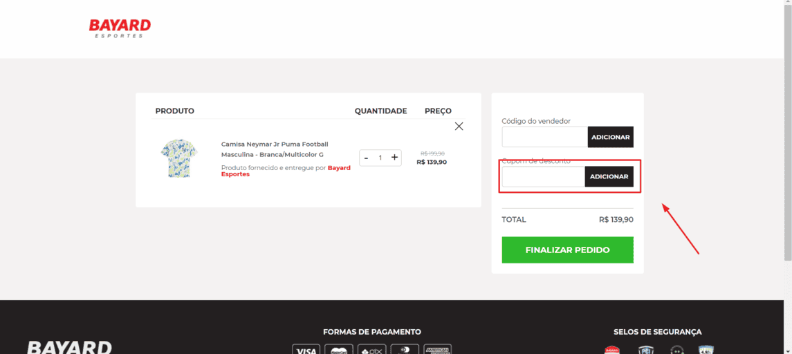 Onde inserir cupom de desconto Bayard Esportes