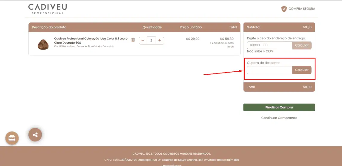 Onde inserir cupom de desconto Cadiveu