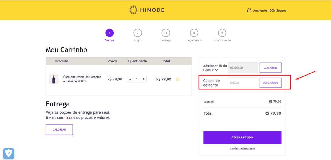 Onde inserir cupom de desconto Hinode