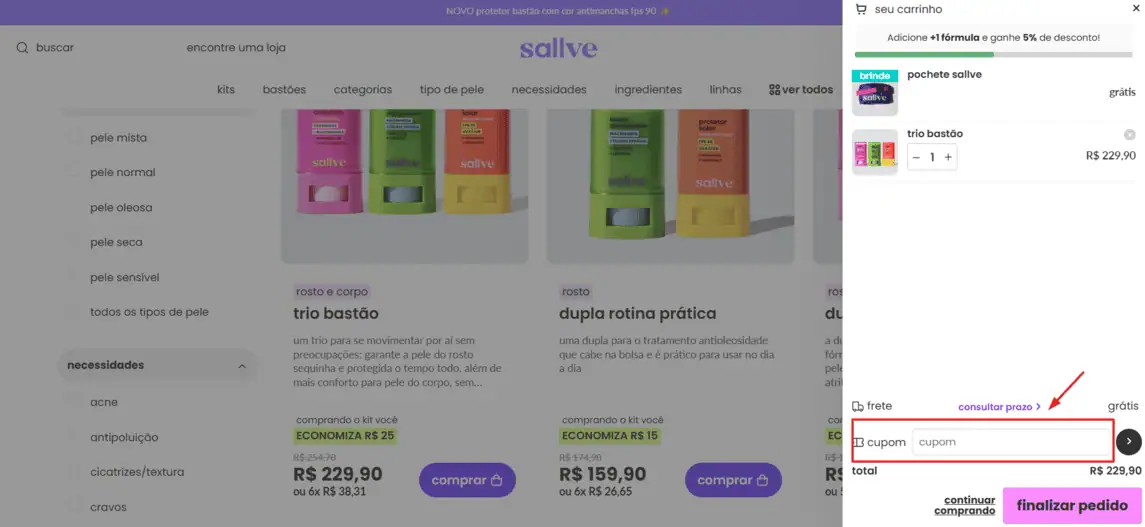 Onde inserir cupom de desconto Sallve