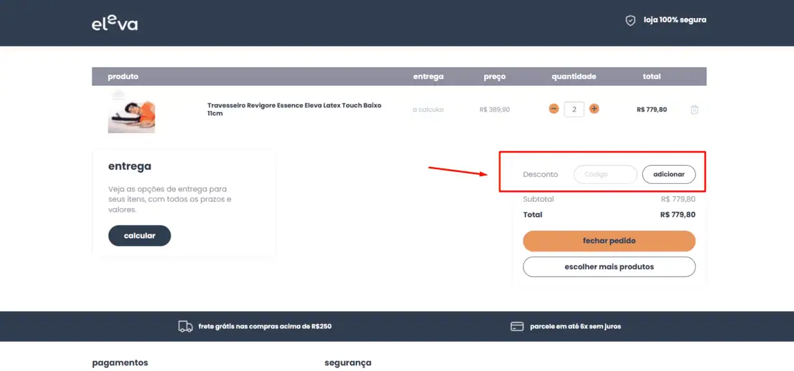 Onde inserir cupom de desconto Travesseiros Eleva