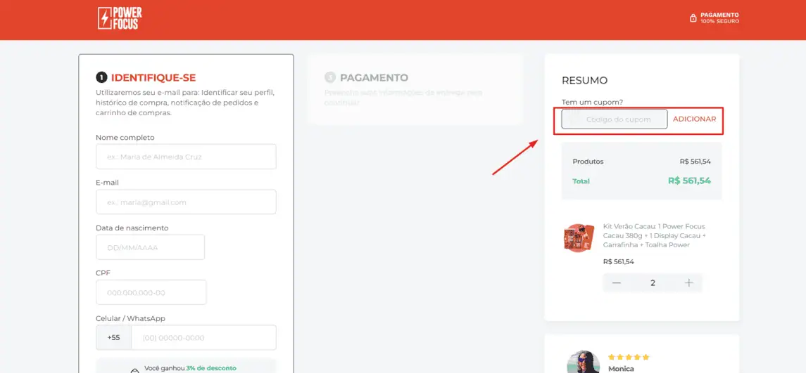 Onde inserir cupom de desconto Power Focus
