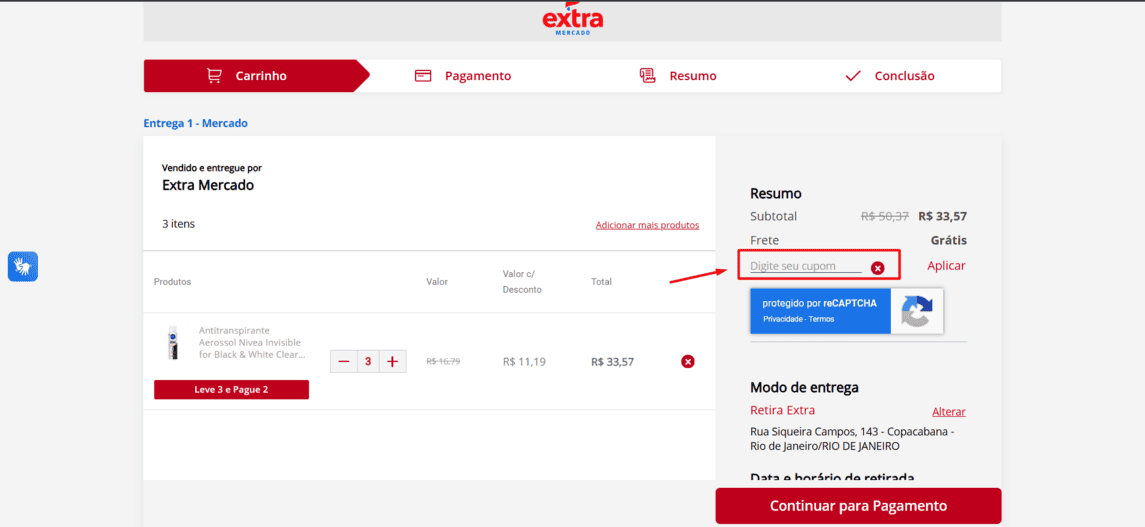Onde inserir cupom de desconto Clube Extra