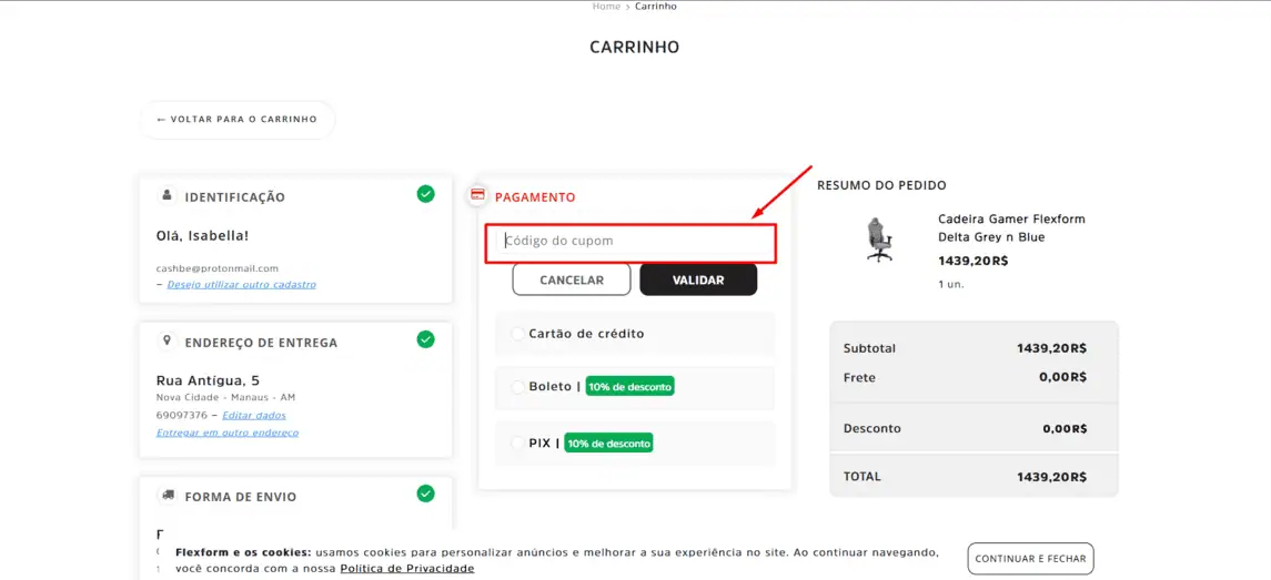 Onde inserir cupom de desconto Flexform