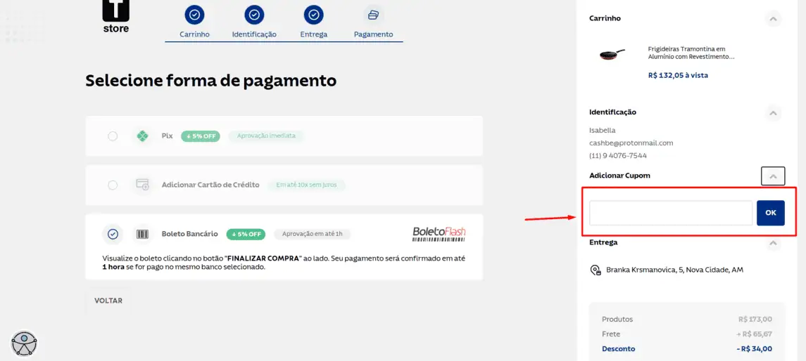 Onde inserir cupom de desconto Tramontina Store