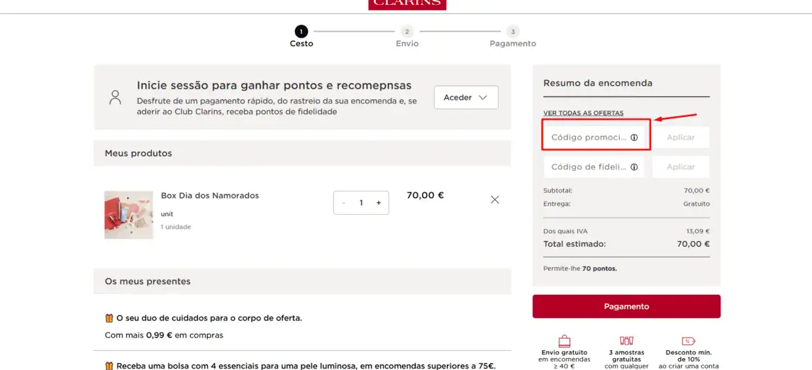 Onde inserir cupom de desconto Clarins