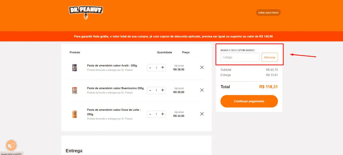 Onde inserir cupom de desconto Dr. Peanut