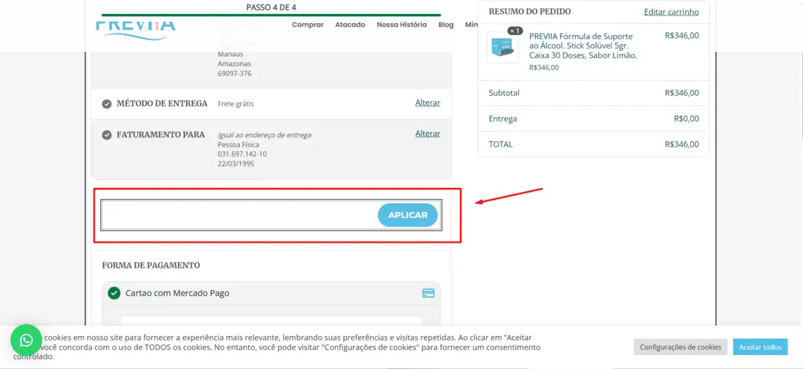 Onde inserir cupom de desconto Previia
